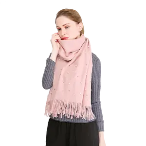 Hot selling new autumn and winter solid color cashmere beaded shawl thickened fashion warm tassel women's scarf