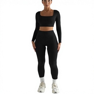 Women's Black 2 Piece Seamless Yoga <b>Set</b> <b>Square</b> Neck Crop Top Full Length Leggings High Waist Four-Way Stretch Activewear - Product Image 3