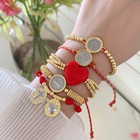 LS-L6164 Bracelets faits main avec perles médaillon, breloques cœur rouge et croix, nœud coulissant, perles dorées tressées, style foi