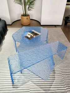 Vente directe d'usine Design italien Ondulation de l'eau Ensemble de table en acrylique Irrégularité à usage domestique Table d'extrémité en acrylique bleu - Product Image 2