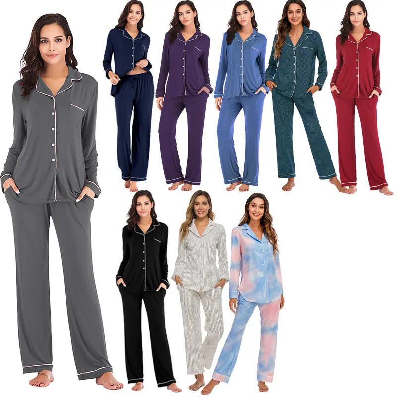 C01 2022 New pajamas cotton nightwear breathable long sleeve long pant Modal 2 pieces girls pjs set women cotton pajama set