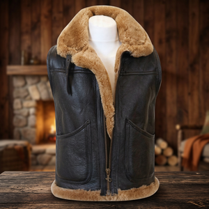 Men's Waterproof Black Genuine <b>Sheepskin</b> Leather Winter <b>Gilet</b> Vest - Product Image 3