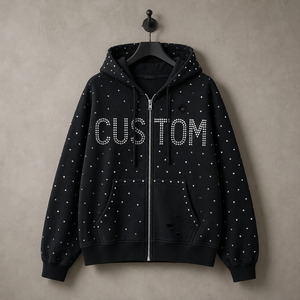Custom <b>Black</b> <b>Zip</b>-<b>Up</b> <b>Hoodie</b> with Rhinestone Casual Hooded Sweatshirt Embroidery Logo Cotton Knitted Fabric Printed <b>Hoodie</b> - Product Image 5