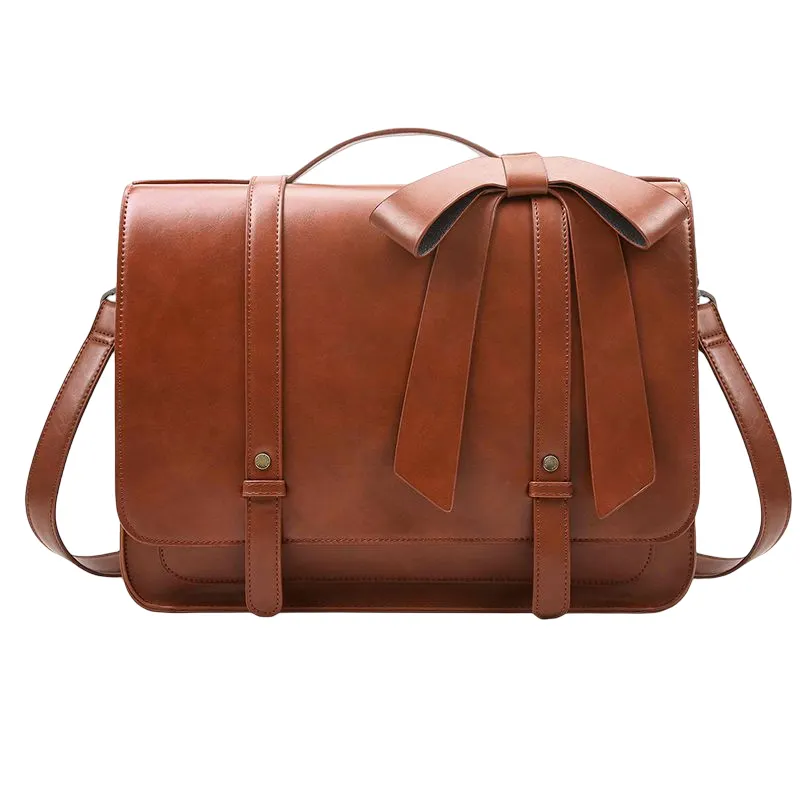 Worthfind Trendy Vintage Womens Leather Laptop Bag Pu Leather Detachable Bow Girls 14 Inch Laptop Backpack Shoulder Bag