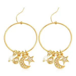 wholesale fashion jewelry crystal diamond moon star acrylic pearl charms fishhook gold earrings for women