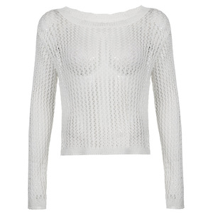 Suéter de punto calado con cuello redondo y cordones para mujer, talla grande, holgado, de manga larga, color liso, ropa exterior, novedad 2026 - Product Image 4