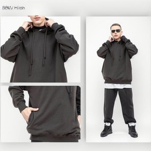 Sweat à capuche ample pour homme en coton pur épais, épaules tombantes, couleur unie, respirant, pour les loisirs - Product Image 2