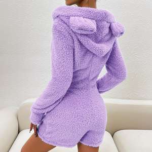 Automne hiver femmes décontracté à manches longues à capuche combinaison pur Polyester Mini barboteuse fourrure <span class=keywords><strong>polaire</strong></span> ensemble fermeture à glissière - Product Image 6