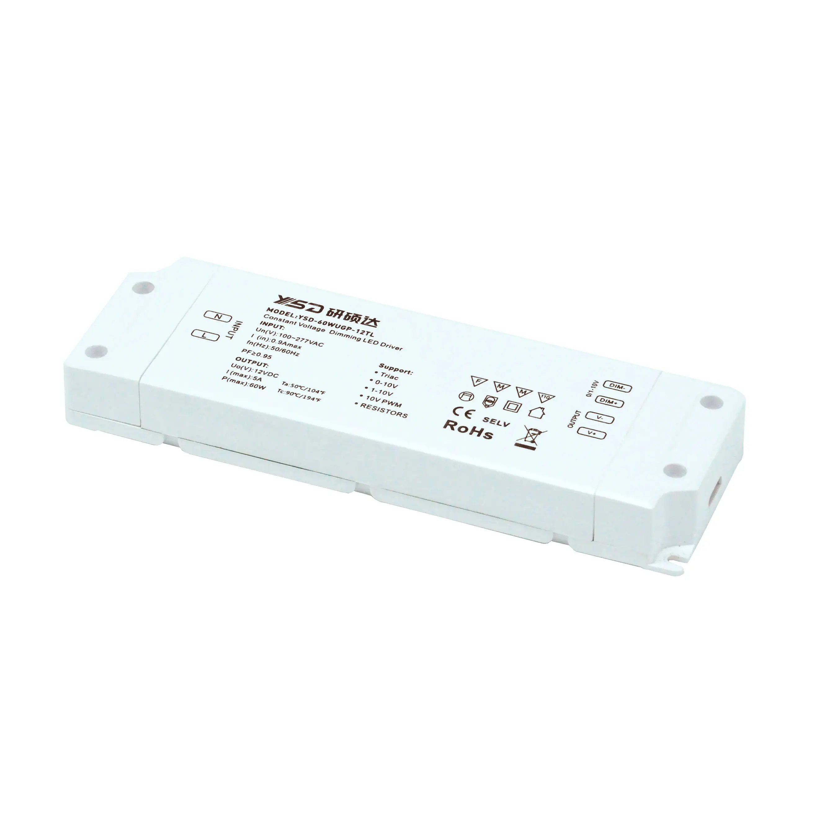 YSD PF0.9 60w 100w 0-10v Triac Dimming इंटरफ़ेस एलईडी ड्राइवर IP40 12v 24v dimming समारोह के लिए एलईडी बिजली की आपूर्ति