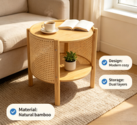 Table basse en bambou naturel sain avec nattes en rotin, table d'appoint ronde stable, table d'appoint durable à 2 niveaux avec rangement