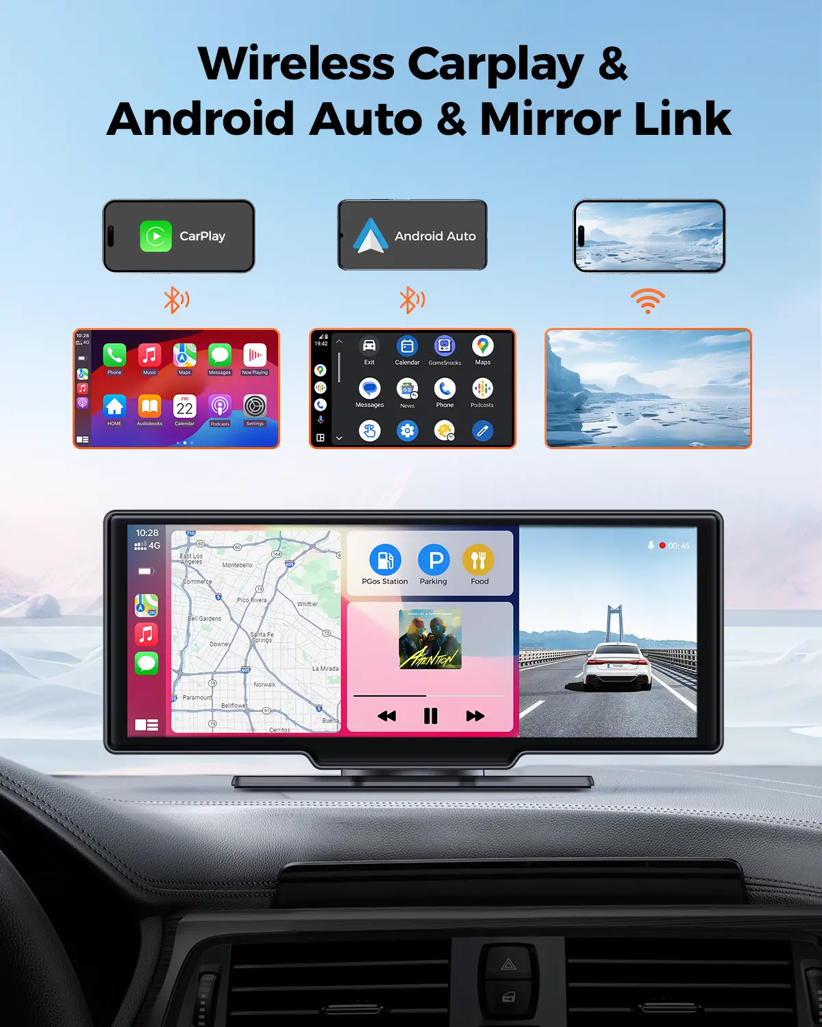 AZDOME P20 Wireless Car Stereo Apple Carplay with 4K Dash Cam 1080P Backup Camera Portable Touch Screen GPS Navigation