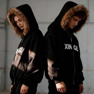 Fabricante Personalizado 2026 Nueva Sudadera con Capucha de Hombre Estilo Urbano Vintage de Gran Gramaje 500 g/m² con Hombros Caídos, Corte Oversize Cuadrado y Cremallera con Cuello de Pelo - Product Image 2