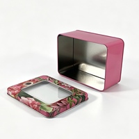 Boîte en fer blanc rectangulaire rose sur mesure avec fenêtre, motif floral botanique vintage, idéale pour l'emballage cadeau