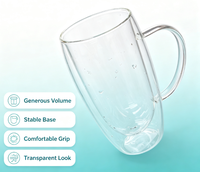 Mug en verre borosilicate à double paroi fait main, anti-fuite, compatible lave-vaisselle, 450 ml, corps transparent uni et lisse, poignée transparente