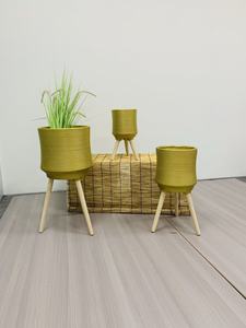 3 Pcs Ribbed Waisted Tripod Planter Set, Standing <b>Flower</b> <b>Pot</b> with Wood Legs - Product Image 3