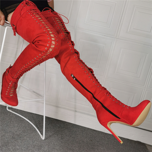 Bottes hautes sexy pour femmes, bottes d'hiver au-dessus du genou, rouge vif, à lacets, bottes longues jusqu'à la cuisse, taille personnalisée, grande taille 47 - Product Image 6