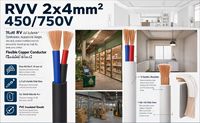 Câble souple en PVC avec conducteur en cuivre RVV 450/750V 2x4mm² gaine isolée pour câblage intérieur domestique et industriel
