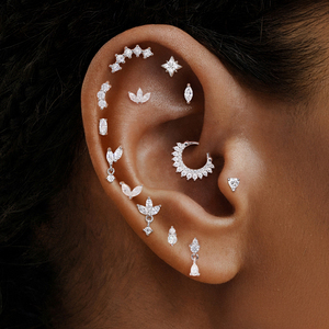 Flat Back 925 <b>Sterling</b> <b>Silver</b> Moissanite <b>Cartilage</b> Stud <b>Earrings</b> Minimalist Flower Triangle Four Prong Threaded Piercing Jewelry - Product Image 2