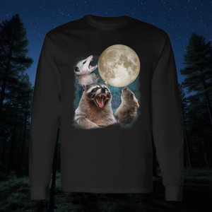 Camiseta de manga larga con estampado de tres opossums, mapaches y ratas que ronronan al luna - Product Image 3