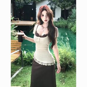 French Retro Lace Trimmed Short Sleeve Top With Camisole Maxi Skirt Set For Women Spring Summer Slim Fit Two Piece Outfit - Product Image 1