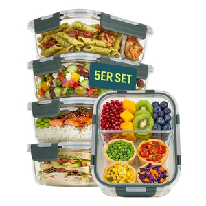 5個セット ガラス製ミールプレップ容器 2コンパートメントセット 1040ml 密閉ガラス食品保存容器 蓋付き、電子レンジ・オーブン対応 - Product Image 1
