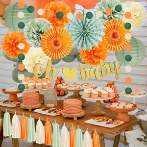 Decoraciones para Baby Shower en <span class=keywords><strong>Verde</strong></span> y Naranja, Pompones, Faroles y Guirnaldas en Beige, <span class=keywords><strong>Verde</strong></span> Salvia y Naranja para Fiestas de Cumpleaños de Niños y Niñas - Product Image 5