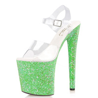 Nouvelles sandales d'été pour femmes à bride cheville, talons hauts sexy de 20 cm, vert fluorescent, film lumineux, talon fin de 8 pouces, sac inclus