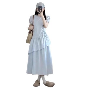 French Style Gentle Short Sleeve Light Blue Dress <b>Elastic</b> Waist Crew Neck Asymmetric Tiered <b>Skirt</b> Solid Color Daily Casual Dress - Product Image 5