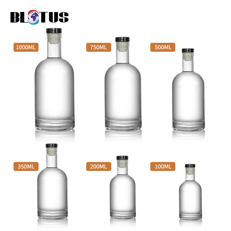 100ml 200ml 375ml 500ml 750ml 1000ml 투명 라운드 빈 플린트 유리 주류 와인 위스키 보드카 데킬라 병 코르크 뚜껑