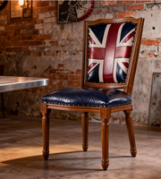 Chaise de salle à manger de style britannique avec motif Union Jack, cadre en bois massif et cuir bleu imperméable et durable pour le mobilier de maison