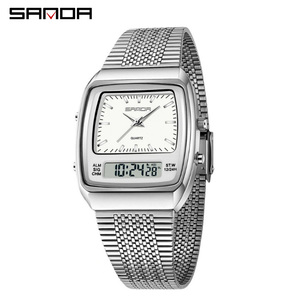 SANDA 3393 นาฬิกาดิจิตอลมัลติฟังก์ชั่นรูปทรงกระบอกสำหรับผู้ชาย, นาฬิกาแฟชั่นธุรกิจเรืองแสงกันน้ำจอแสดงผลคู่สายเหล็ก - Product Image 2