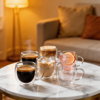 Mug Espresso Kaca Transparan 2.7oz 3oz 90ml, Dinding Ganda, Terisolasi, Dengan Gagang