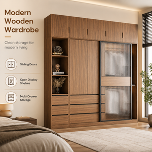 Armoire à portes coulissantes en bois naturel fini, style nordique, pour chambre à coucher, petit appartement, combinaison de placards coulissants en verre - Product Image 2