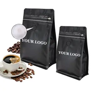Bolsas de café de 16oz/1 lb con válvula, bolsa de fondo plano de papel de aluminio a prueba de humedad de plástico negro, bolsa de almacenamiento de granos de café de pie