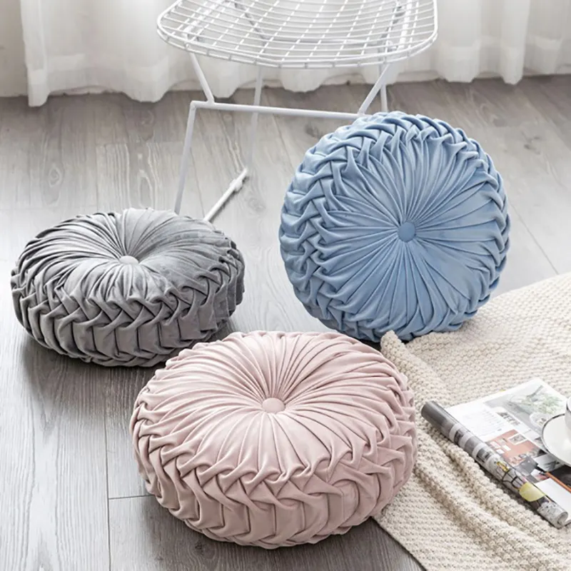 Two Size Velvet Round Throw Pillow Chair Pleated Floor Round Cushion for Living Room Bedroom