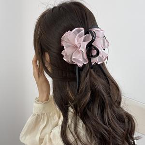 Pinza de Pelo Elegante con Lazo y Flor de Malla, Clip de Tiburón con Diamantes de Imitación, Accesorios Dulces para el Cabello de Uso Diario para Mujer - Product Image 1