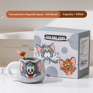 Taza de Cerámica con Diseño de Gato y Ratón, Estilo <span class=keywords><strong>Anime</strong></span>, Linda Taza con Forma de Dibujo Animado, con Marcas de Escala, para Desayuno, Café y Leche, Incluye Cuchara y Piruleta - Product Image 6