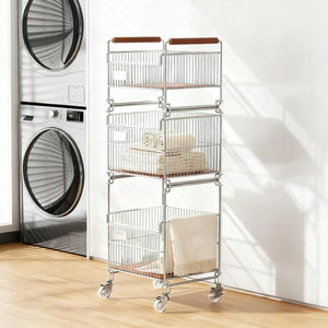 바퀴 중간 3 계층 욕실 더러운 옷 랙 나무 수건 보관 카트 금속 바닥 트롤리 세탁 가방 바구니 정리 - Product Image 3