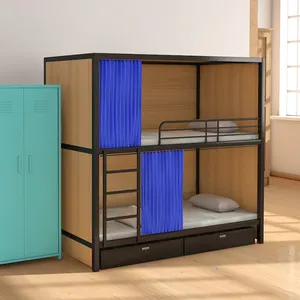 Новый дизайн, двухъярусная кровать в стиле лофт, стальная двухслойная кровать с занавеской и нижним шкафом