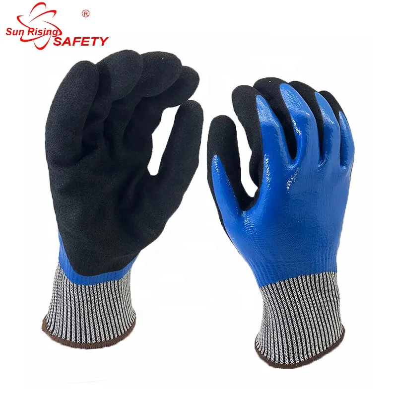 SRSAFETY สีฟ้าไนไตรล์อุตสาหกรรมถุงมือตัดกันน้ำถุงมือ