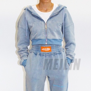 Custom Zipper Heavy 100% Cotton Thick French Terry Acid Wash Hoodies for Women Casual Top <b>Cropped</b> <b>Zip</b> <b>up</b> Hoodie Woman - Product Image 1