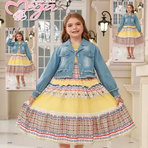 Girls' Retro Set Denim Coat 2023 Spring/Autumn Princess Dress Children's Long Sleeve Dress