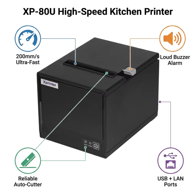 High Speed 200mm/s 80mm Thermal Receipt Printer Xprinter XP-80U Kitchen POS Printer with Auto Cutter and Loud Buzzer