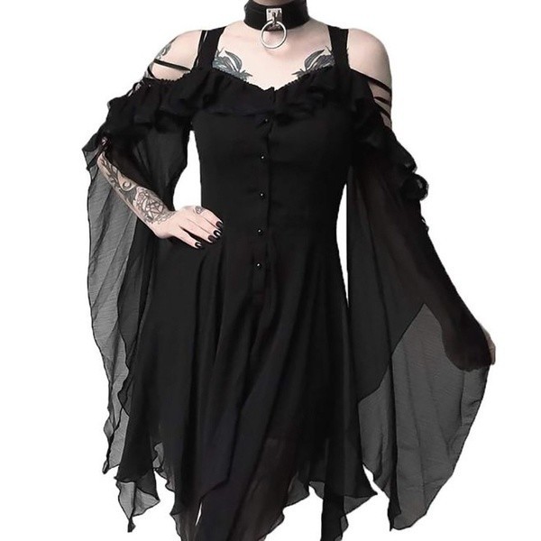 Gothic Black Dress with Ruffle Trim