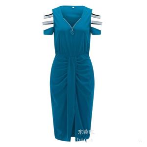 Nouvelle Robe Élégante pour <span class=keywords><strong>Femme</strong></span>, Modèle Uni avec Fermeture Éclair, Jupe <span class=keywords><strong>Longue</strong></span>, Découpes, Manches Courtes Froncées et Col en V - Product Image 5