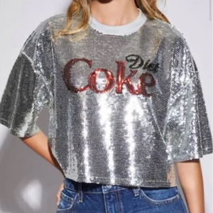 Customized Y2K <strong>Silver</strong> Sequin <strong>Top</strong> T Shirt Rhinestone <strong>Sparkle</strong> Diet Coke Boxy T Shirts Diet Coke Sequin T-Shirt - Product Image 1