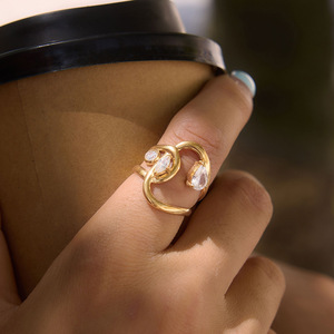 Modern Geometric 18K <b>Gold</b> Plated <b>Cocktail</b> <b>Ring</b> With Natural Diamond Pear Cut Stones Women's Fashion Jewelry - Product Image 1