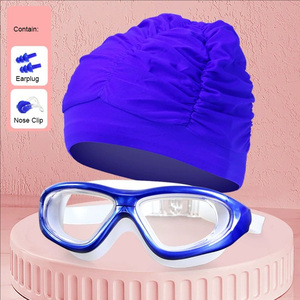 Bonnet <span class=keywords><strong>de</strong></span> bain plissé Extra Large pour femmes 4 pièces ensemble confortable PU comprend des lunettes <span class=keywords><strong>bouchon</strong></span> d'oreille pince-<span class=keywords><strong>nez</strong></span> pour cheveux longs pour la <span class=keywords><strong>natation</strong></span> - Product Image 6