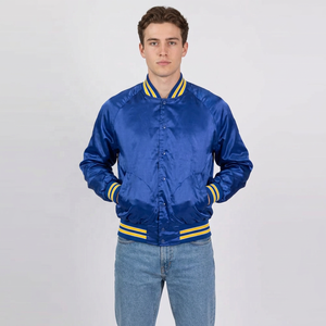 Chaqueta Universitaria Azul Unisex con Ribete Amarillo, Cuello Camisero, Cierre de Botones, Estilo Casual, para Otoño, Corte Regular, Forro de Satén - Product Image 1