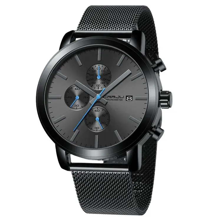 CRRJU Promotion Trois Yeux et Six Aiguilles Lumineux Loisirs Quartz Hommes Montre Design Personnalisé